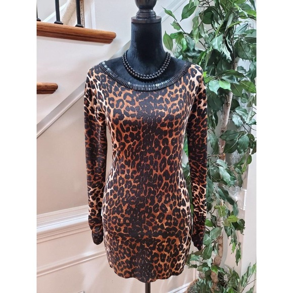 Inc Brown & Black Animal Print Round Neck Long Sleeves Casual Sweater Size Large - Picture 1 of 15